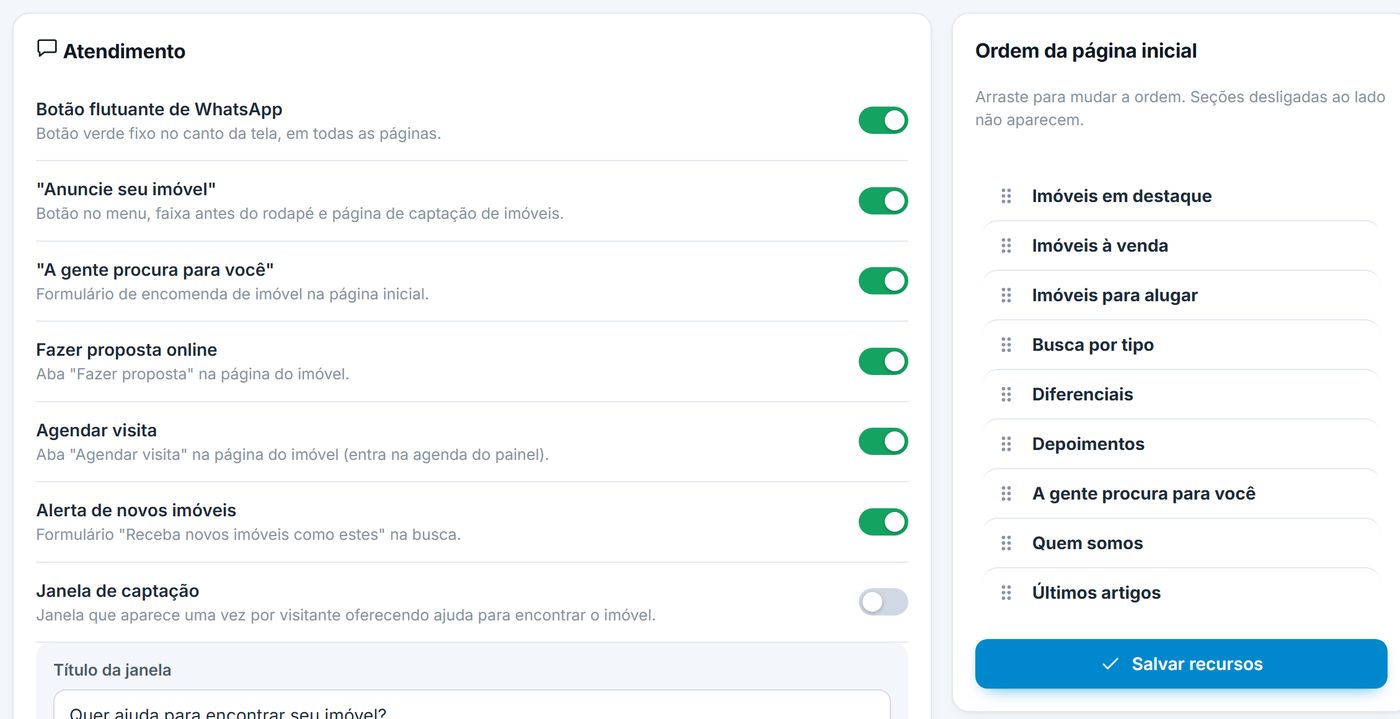 Ligar e desligar recursos do site